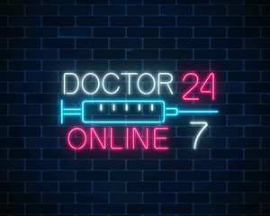 Obraz premium Doctor online glowing neon logo. Mobile medicine round the clock 24 7 app. Neon doctors mobile app sign with syringe.