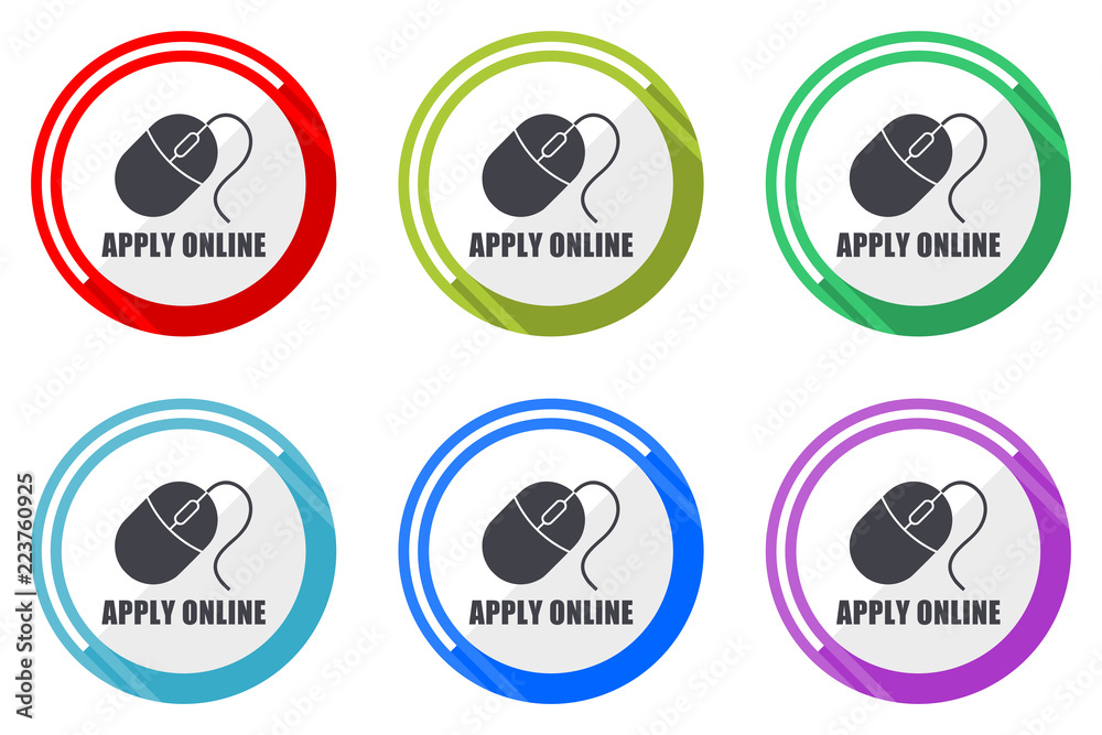 Aufkleber apply online flat vector web icon set, colorful round internet buttons in eps 10 isolated on white b