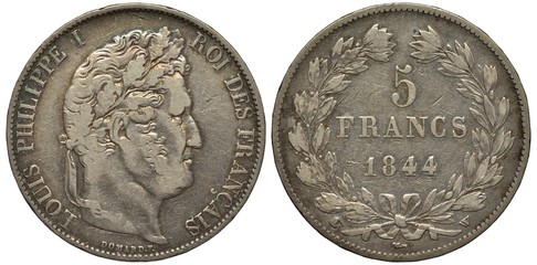 France French silver coin 5 five francs 1844, laureate head of King Louis Philippe I right, value...
