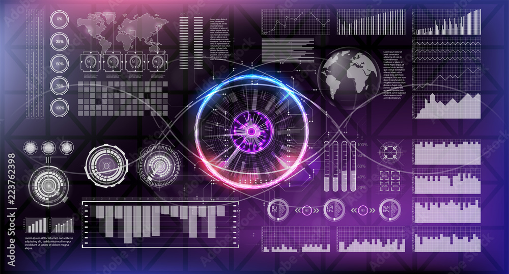 Poster Head-up display elements for the web and app. Virtual Technology Background. Futuristic user interface. Game Design.  Vector illustration HUD background outer space.