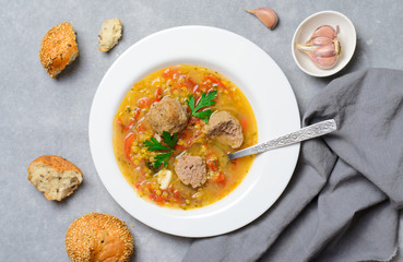 Lentil Soup with Meatballs, Homemade Delicious Meal