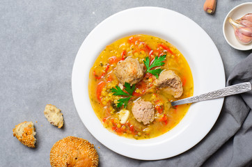 Lentil Soup with Meatballs, Homemade Delicious Meal
