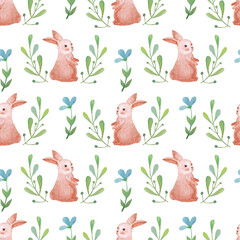 Seamless pattern watercolor flowers and cute rabbit