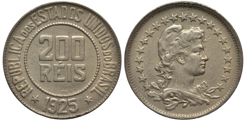 Brazil Brazilian coin 200 two hundred reis 1925, value within circle of beads, date below flanked by stars, liberty bust surrounded by stars, 