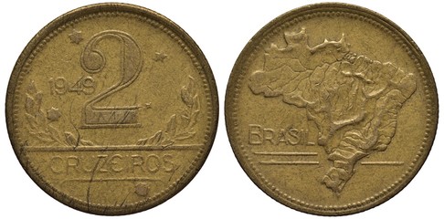 Brazil Brazilian coin 2 cruzeiros 1949, value and date among stars, relief map of Brazil, 