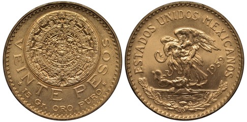 Mexico Mexican golden coin 20 twenty pesos 1959, Aztec stone calendar, carving, value and purity...