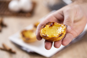 Typical Portuguese custard pies - "Pastel de Nata" or "Pastel de Belem". traditional portuguese pastry.