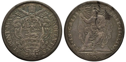 Vatican City silver coin 1 one piastre 1680, ruler Pope Innocent XI, shield with lion, eagle and...