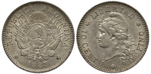Argentina Argentinean silver coin 10 ten centavos 1883, arms, oval shield with hands in handshake an liberty cap flanked by flags and cannons, radiant sun above, liberty head left, 