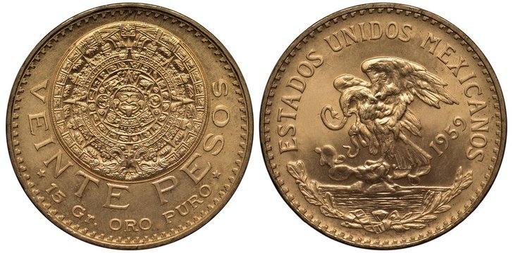 Mexico Mexican golden coin 20 twenty pesos 1959, Aztec stone calendar, carving, value and purity info below, eagle on cactus catching snake, sprigs with ribbon below, 