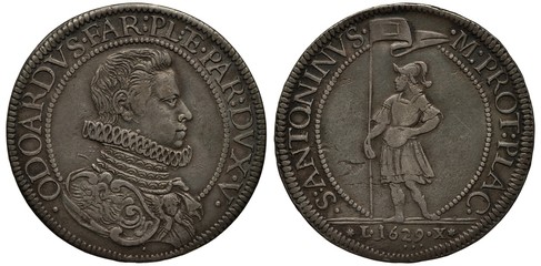Italy Italian Piacenza silver coin 1 one scudo 1629, ruler Odoardo Farnese Duke of Parma, bust in rich clothes right, warrior with flag, date below, 