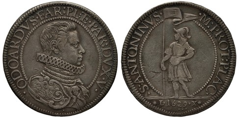 Italy Italian Piacenza silver coin 1 one scudo 1629, ruler Odoardo Farnese Duke of Parma, bust in...