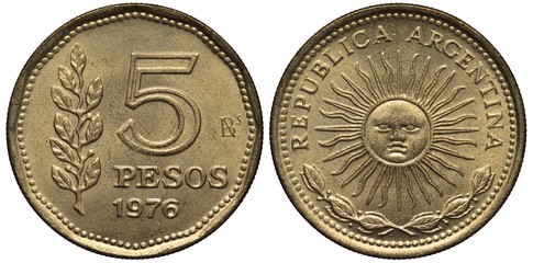 Argentina Argentinean coin 5 five peso 1976, value and date right to laurel sprig, country name...