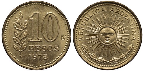 Argentina Argentinean coin 10 ten peso 1978, value and date right to laurel sprig, country name...