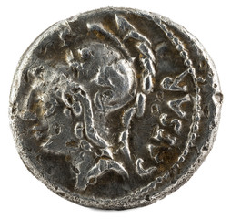 Roman Republic Coin. Ancient Roman silver denarius of the family Julia. Julius Caesar. Obverse.