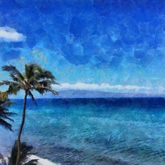 Oil painting. Art print for wall decor. Acrylic artwork. Big size poster. Watercolor drawing. Modern style fine art. Beautiful exotic tropical landscape. Green palms on coast of resort beach. Blue sea