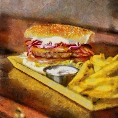 Oil painting. Art print for wall decor. Acrylic artwork. Big size poster. Watercolor drawing. Modern style fine art. Delicious juicy burger with french fries