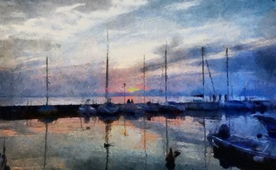 Fototapeta na wymiar Oil painting. Art print for wall decor. Acrylic artwork. Big size poster. Watercolor drawing. Modern style fine art. Beautiful evening harboe landscape. White boats on sea. Violet sunset.