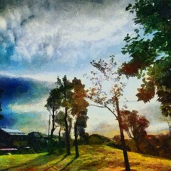 Oil painting. Art print for wall decor. Acrylic artwork. Big size poster. Watercolor drawing. Modern style fine art. Beautiful autumn landscape. Trees with yellow leaves.