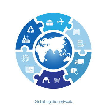 Global logistics network. Map global logistics partnership connection.  Similar world map with geolocation and logistics icons. Simple icon circle puzzle. Flat design. Vector illustration EPS10. 