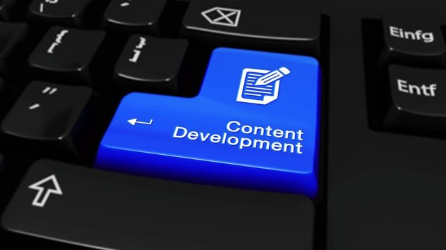 433. Content Development Round Motion On Blue Enter Button On Modern Computer Keyboard with Text and icon Labeled. Selected Focus Key is Pressing Animation. Business Management Concept