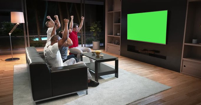 A group of students is watching a TV and celebrating some joyful sports moment, sitting on the couch in the living room. The living room is made in 3D. TV is in green for further editing.