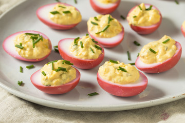 Homemade Pink Pickled Deviled Eggs