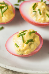 Homemade Pink Pickled Deviled Eggs