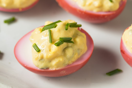 Homemade Pink Pickled Deviled Eggs