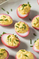 Homemade Pink Pickled Deviled Eggs
