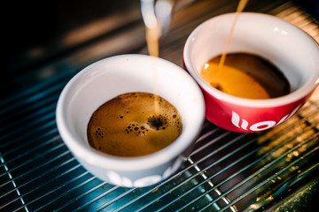 Two espresso pouring from espresso coffee machine. Hot beverage, coffee preparation