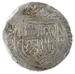 Ancient Spanish silver coin of the Kings Juana and Carlos. Coined in Mexico. Real. Obverse.