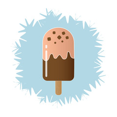 vector illustration of chocolate popsicle with a chips on the top and with a stick on a light blue  snowflake background