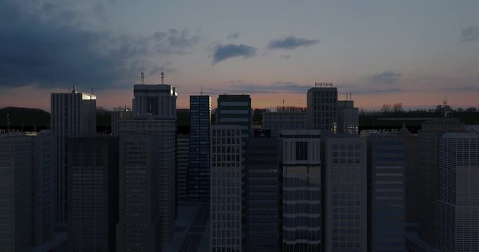 Aerial 3D City Animation Over Skyscrapers At Night Time - Camera Moving Slowly 4K