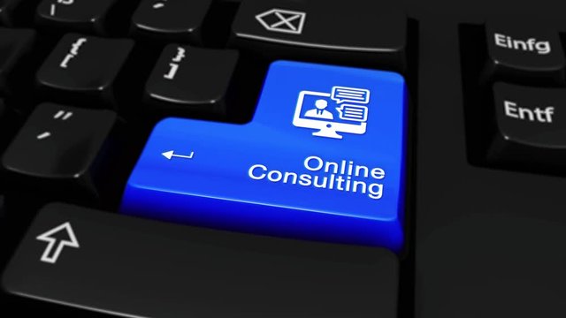 448 Online Consulting Round Motion On Blue Enter Button On Modern Computer Keyboard with Text and icon Labeled. Selected Focus Key is Pressing Animation. consulting services