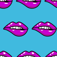 Vector illustration pattern with mouths covered pink lipstick on a blue background