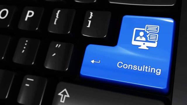 452. Consulting Moving Motion On Blue Enter Button On Modern Computer Keyboard with Text and icon Labeled. Selected Focus Key is Pressing Animation. consulting services