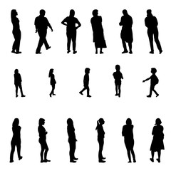 Set of Black and White Silhouette Walking People and Children. Vector Illustration