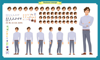 Young man in casual clothes. Character creation set. Full length, different views, emotions, gestures, isolated against white background. Build your own design.