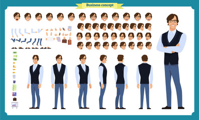 Young man in casual clothes. Character creation set. Full length, different views, emotions, gestures, isolated against white background. 