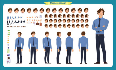 People character business set. Front, side, back view animated character.   Businessman character creation set with various views, face emotions, poses and gestures.