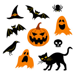 Halloween set. Jack o lantern, black cat, ghosts, bats, witches hat, spider and skull