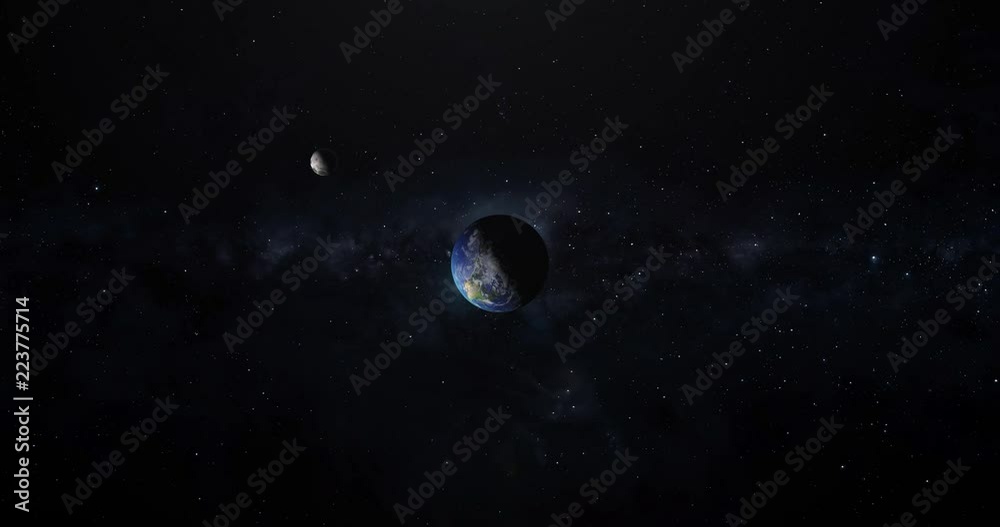 Wall mural a top down animated view of the moon rotating around the earth as seen from far above the north pole
