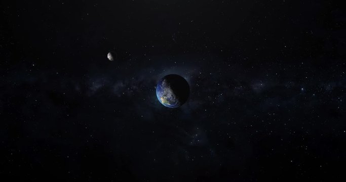 A top down animated view of the moon rotating around the Earth as seen from far above the North Pole. Loopable.  	