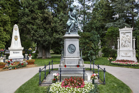 Graves of the composers Ludwig von Beethoven, Wolfgang Amadeus Mozart and Franz Schubert, Zentralfriedhof, Vienna Central Cemetery, Vienna, Austria.