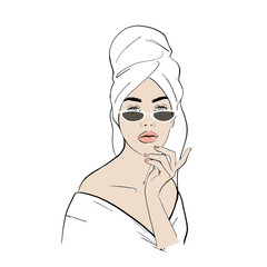 Beauty spa face with white narrow sunglasses, pretty woman in towel and in bathrobe. Portrait girl shining purity. Fashion, style, beauty. Graphic, sketch drawing. Stock Vector illustration