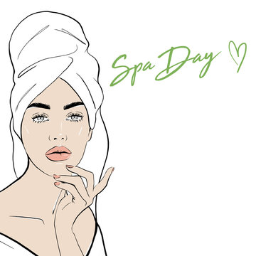 Beauty spa face, pretty woman in towel and in bathrobe. Portrait girl shining purity. Fashion, style, beauty. Graphic, sketch drawing. Spa day card concept. Vector illustration Fashion, style, beauty