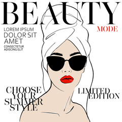 Beauty spa face with red lips and with sunglasses, pretty woman in towel and bathrobe in style of magazine cover design. Portrait girl Fashion style, beauty. Graphic, sketch drawn. Vector illustration - 223777922