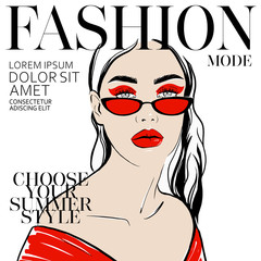 Chic girl, woman face in red clothes with red makeup and sunglasses vector illustration in style of magazine cover design. Beautiful young girl model. Fashion style, beauty. Graphic, sketch drawing - 223777974