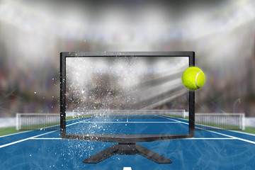 Tennis Ball Flying Out of TV Screen in Arena